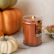 A Bridgewater Candle Company Harvest Pumpkin 18oz Large Jar Candle sits on a marble surface, surrounded by small white and orange pumpkins with a patterned fabric nearby.