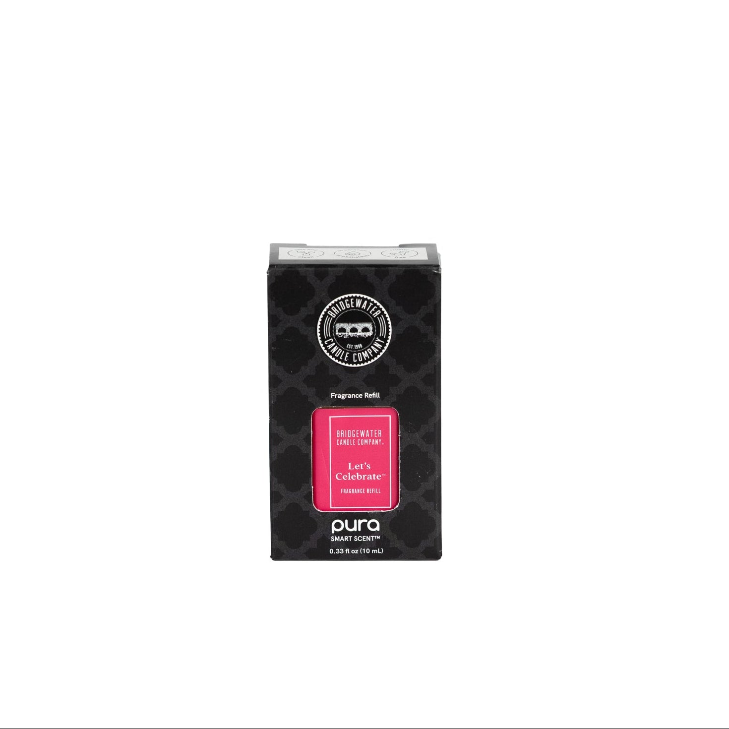 A small black rectangular box of Pura + Bridgewater Fragrance Refill in the scent “Let's Celebrate” by Bridgewater Candle, designed for use with your Pura Smart Home Fragrance Diffuser, is shown against a plain white background.