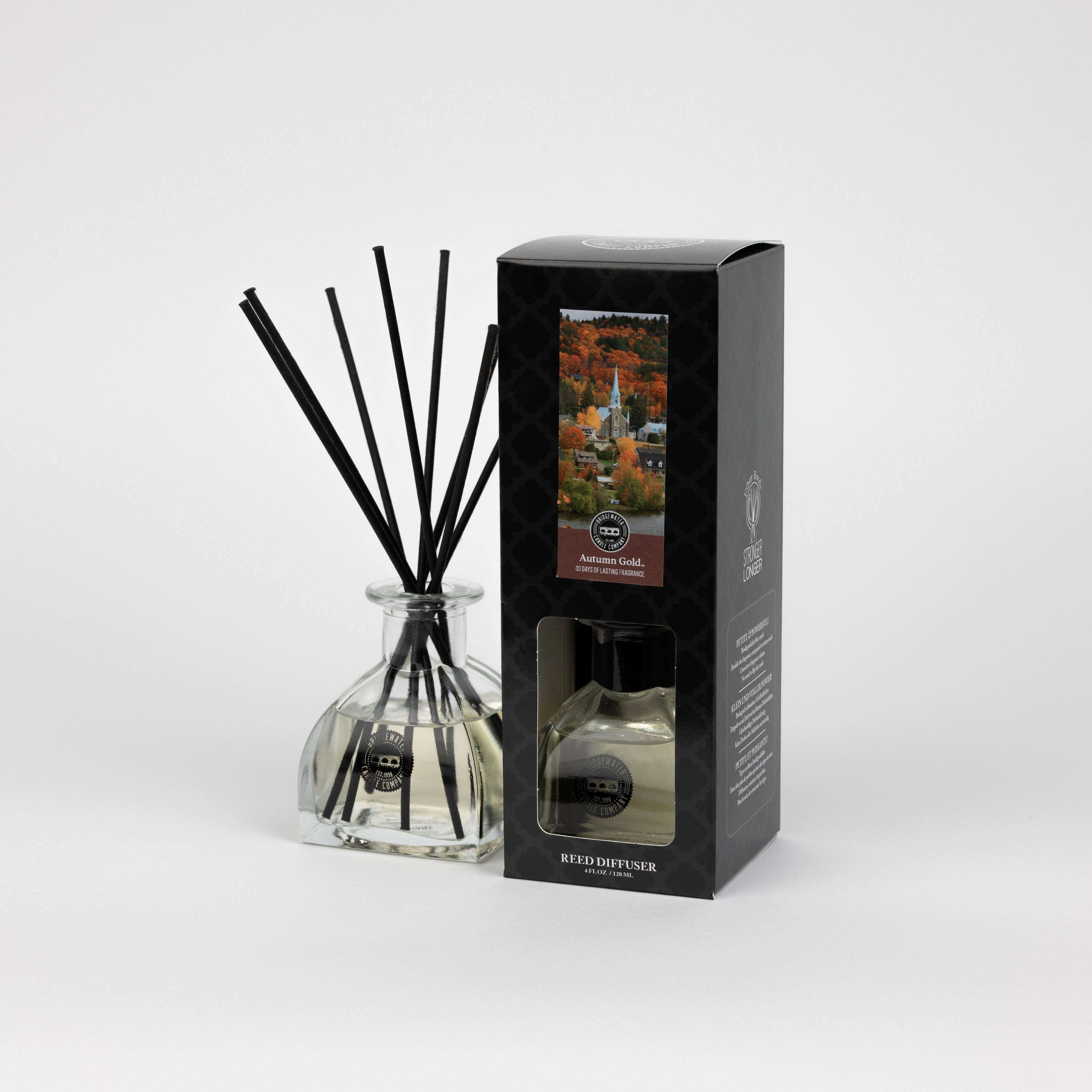 A Bridgewater Candle Autumn Gold Reed Diffuser with black reeds and cap stands by its autumn-themed box. This clear bottle fragrance adds warmth and elegance to your home décor, displayed against a white background.