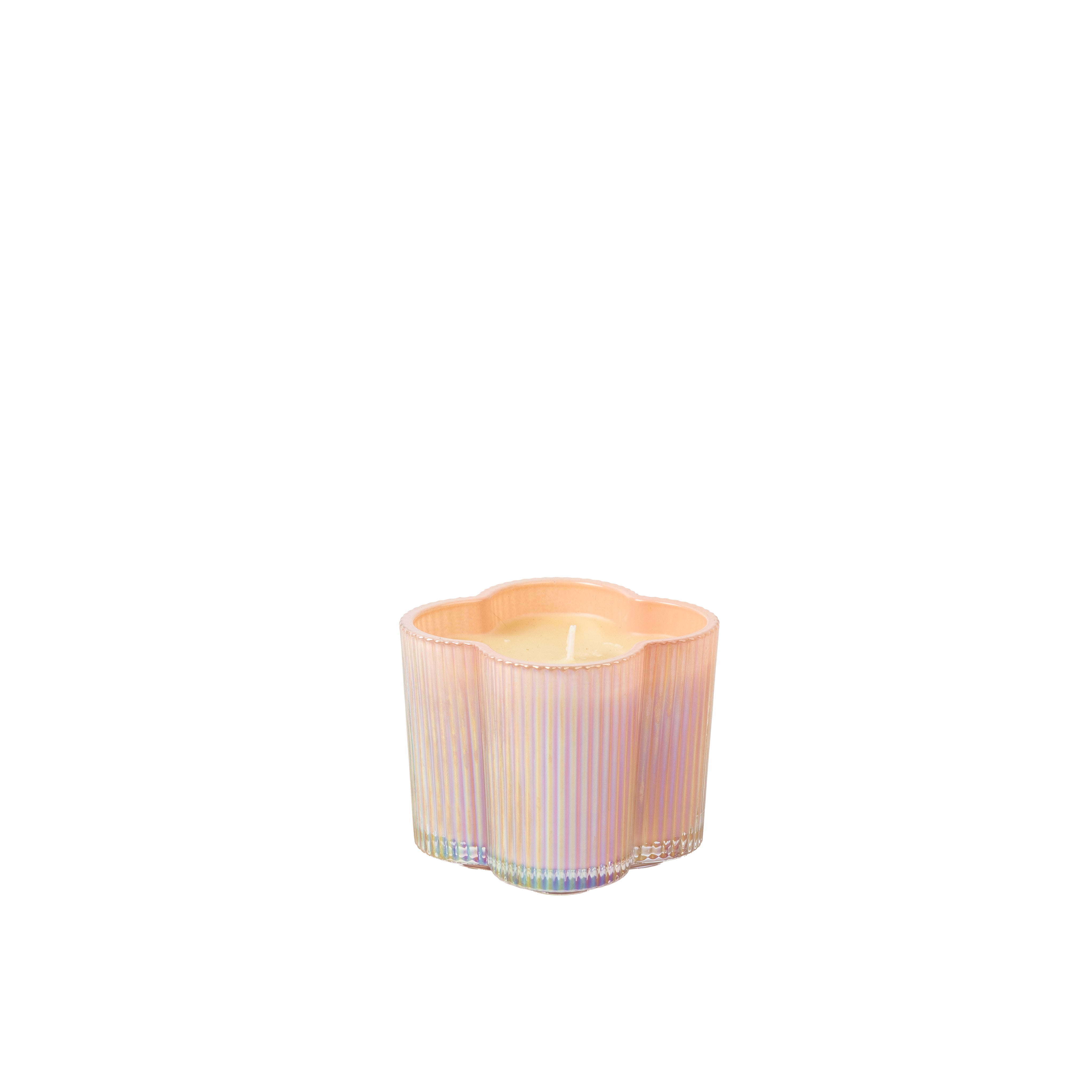 The Sweet Grace Collection Candle #075 by Bridgewater Candle is a pastel iridescent soy-blend candle in a small, flower-shaped vessel with vertical ridges, displayed against a plain white background.