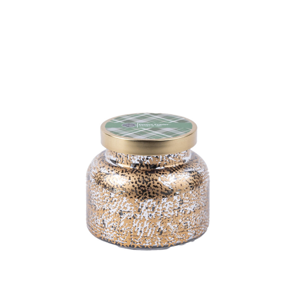 The Festive Frasier Holiday Mercury Jar Candle by Bridgewater Candle Company features festive Frasier fragrance in soy-blend wax, a round glass jar with white and gold speckles, a gold lid with green plaid design, and holiday-inspired details.