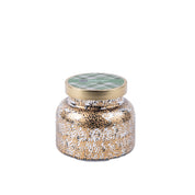 The Festive Frasier Holiday Mercury Jar Candle by Bridgewater Candle Company features festive Frasier fragrance in soy-blend wax, a round glass jar with white and gold speckles, a gold lid with green plaid design, and holiday-inspired details.