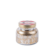 The Comfort & Joy Holiday Mercury Jar Candle by Bridgewater Candle Company features a glass soy-blend wax jar with a gold lid, gold and white speckled design, and a plaid label on the lid, set against a plain white background.