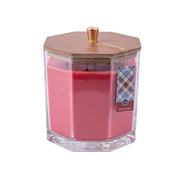 The Welcome Home Large Decorative Candle by Bridgewater Candle Company features a pink faceted glass jar, wooden hexagonal lid with gold knob, plaid tag, and premium soy-blend wax—perfect as stylish home decor with a clean burn.