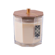 The Afternoon Retreat Large Decorative Candle by Bridgewater Candle Company features cream-colored soy-blend wax in a hexagonal glass jar with wooden lid and gold handle, finished with a plaid tag, perfect for premium home fragrance.