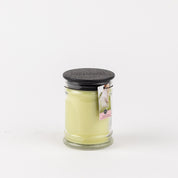 The Bridgewater Candle Company Spring Dress 8oz Jar Candle features pale yellow wax in a small jar with a black lid and a pink-labeled tag. Set against a white background, it’s perfect for enjoying a delicate floral scent.