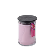 The XOXO 18oz Large Jar Candle by Bridgewater Candle Company features light pink soy-blend wax, a dark wooden lid, and a decorative floral tag with XOXO attached to the glass jar.
