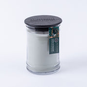 The Bridgewater Candle Company Amber & Emerald 18oz Large Jar Candle features soy-blend wax in a clear glass jar with a dark wooden lid and a green label, set against a plain white background.