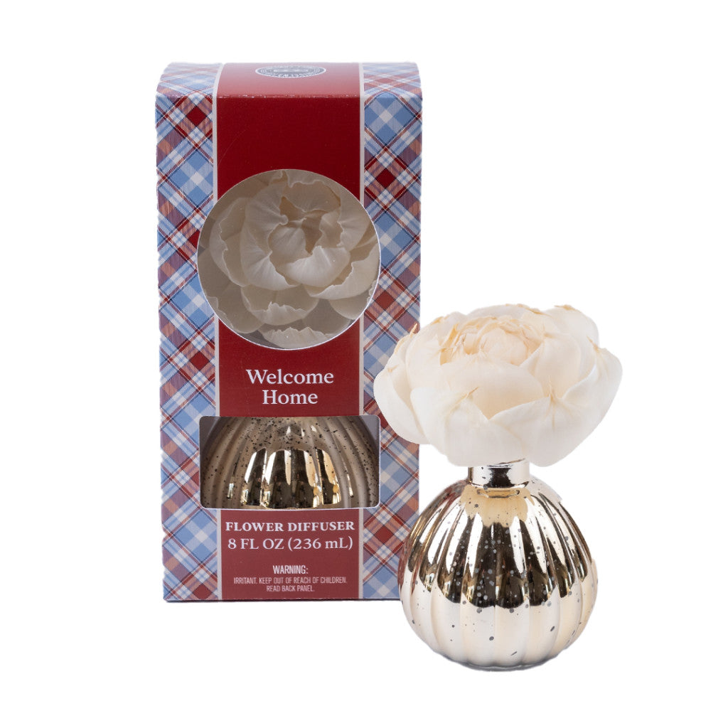 The Bridgewater Candle Company Welcome Home Mercury Flower Diffuser features a white artificial bloom in a shiny, ribbed gold and silver vase beside its plaid box—an elegant 8 FL OZ (236 mL) home fragrance.