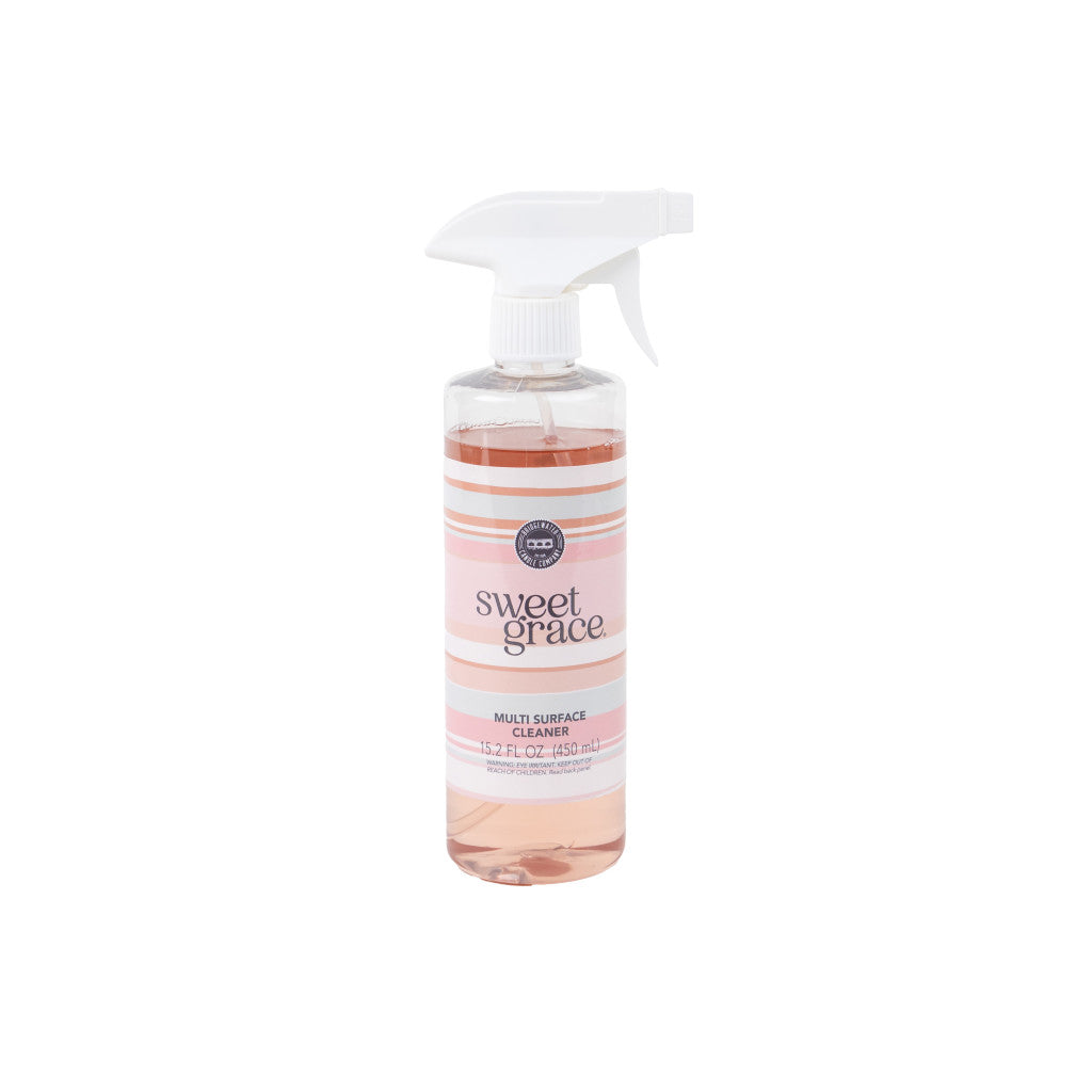 A 15.2 fl oz (450 ml) clear spray bottle of Bridgewater Candle Companys Sweet Grace Multi-Surface Cleaner features a white trigger nozzle, pink label with decorative stripes, and the signature Sweet Grace fragrance.