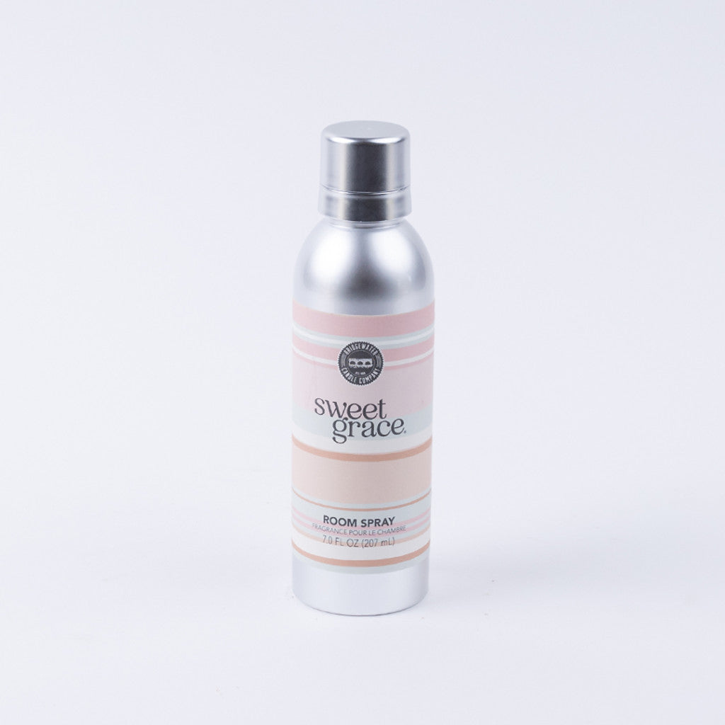 The Sweet Grace Non-Aerosol Room Spray by Bridgewater Candle Company features a silver canister with a pink and beige label—ideal for bringing an elegant home fragrance to any space.