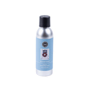 A silver can with black cap and blue label reading Welcome Home and Room Spray, featuring a wreath on a door. Add inviting fragrance to your space with Bridgewater Candle Companys Welcome Home Non-Aerosol Room Spray.