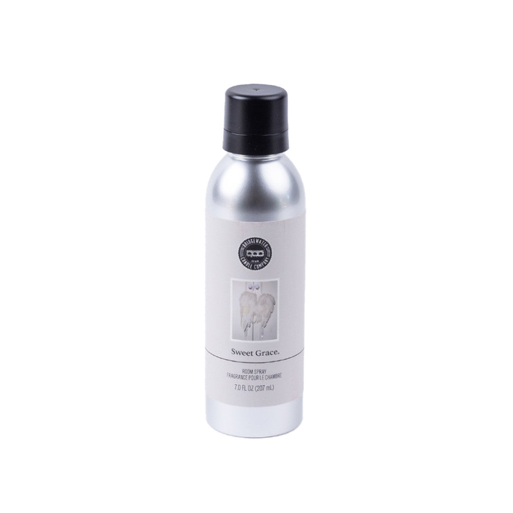 The Bridgewater Candle Company Sweet Grace Non-Aerosol Room Spray comes in a silver can with a black cap and white label featuring angel wings. This eco-friendly spray provides 7.0 fl oz (207 ml) of long-lasting fragrance for your space.