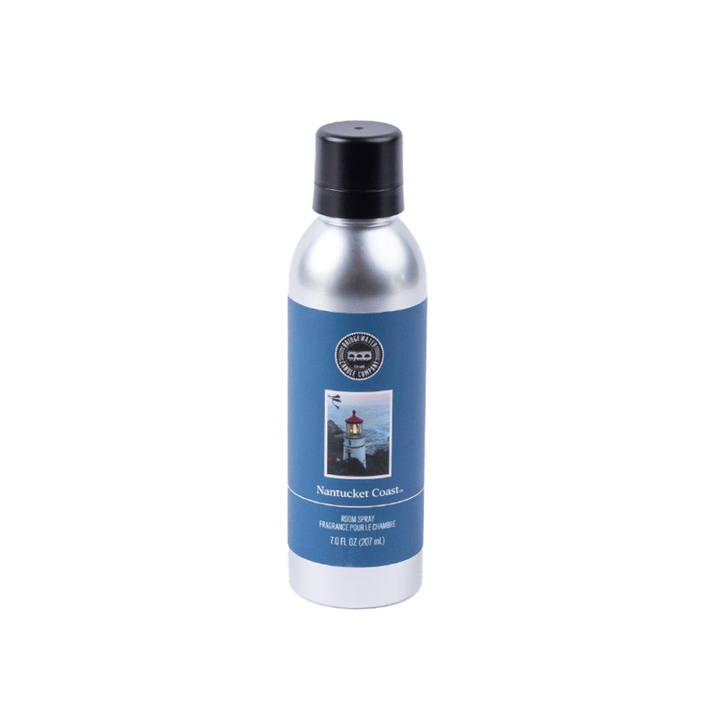 The Bridgewater Candle Company Nantucket Coast Non-Aerosol Room Spray, in a silver 7 oz (207 ml) can with a black cap and lighthouse design, provides an eco-friendly coastal scent to refresh your home.