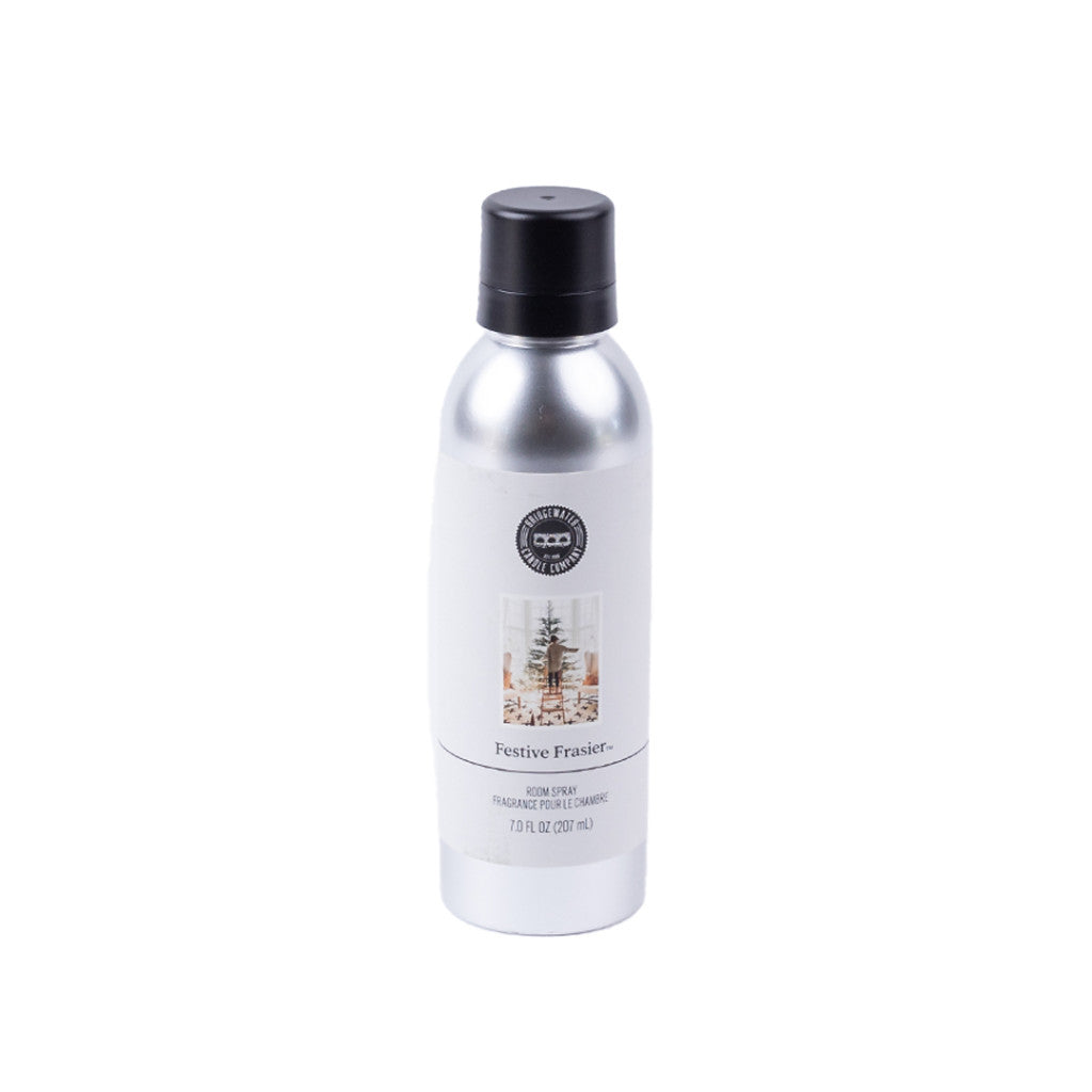 A silver can with a black cap labeled Festive Frasier Non-Aerosol Room Spray by Bridgewater Candle Company, featuring a Christmas tree design—an eco-friendly addition to your home fragrance collection.