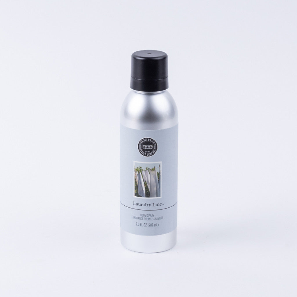 A silver spray bottle with a black cap labeled Laundry Line Non-Aerosol Room Spray by Bridgewater Candle Company, 7.5 fl oz (201 ml), eco-friendly and perfect for freshening your home’s scent with outdoor-inspired fragrance.