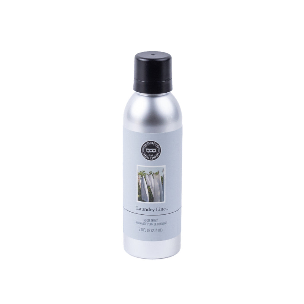 The Bridgewater Candle Company Laundry Line Non-Aerosol Room Spray is a silver 7.1 fl oz (210 ml) bottle with a black cap, featuring clothes on a line and provides an eco-friendly, fresh, clean home fragrance.