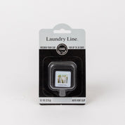 The Bridgewater Candle Company Laundry Line Auto Vent Clip car air freshener features a laundry line scent, lasts up to 30 days, and its packaging shows clothes hanging on a clothesline.