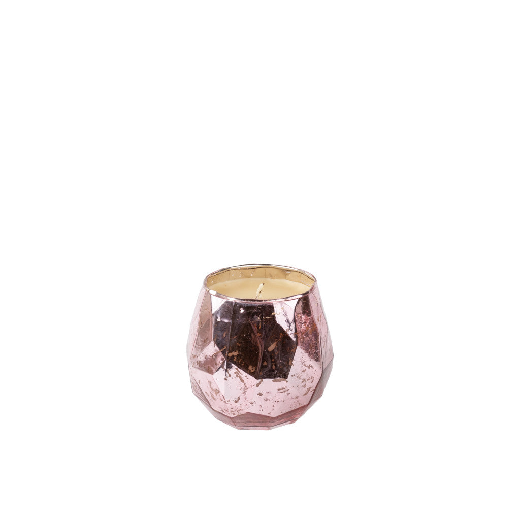 The Sweet Grace Collection Candle #011 by Bridgewater Candle Company features a pink, faceted glass holder and cream-colored soy-blend wax, with the candle displayed against a plain white background.