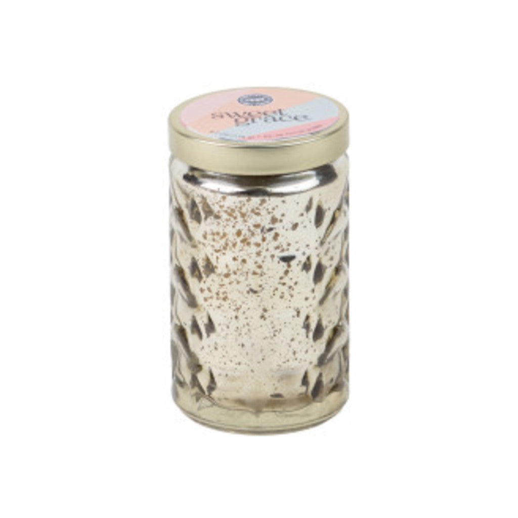 The Sweet Grace Collection Candle #022 by Bridgewater Candle Company features an empty decorative glass jar with a textured pattern, metallic gold lid, and a labeled top, ideal for holding premium fragrances. Shown against a plain white background.