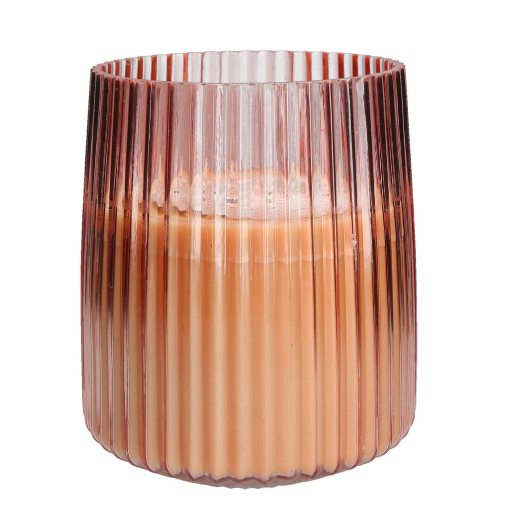 The Bridgewater Candle Company Sweet Grace Collection Candle #043 features a ribbed, cylindrical glass jar in pink and brown, filled with peach soy-blend wax and five cotton wicks—perfect for adding elegance and warmth to any space.