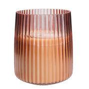 The Bridgewater Candle Company Sweet Grace Collection Candle #043 features a ribbed, cylindrical glass jar in pink and brown, filled with peach soy-blend wax and five cotton wicks—perfect for adding elegance and warmth to any space.