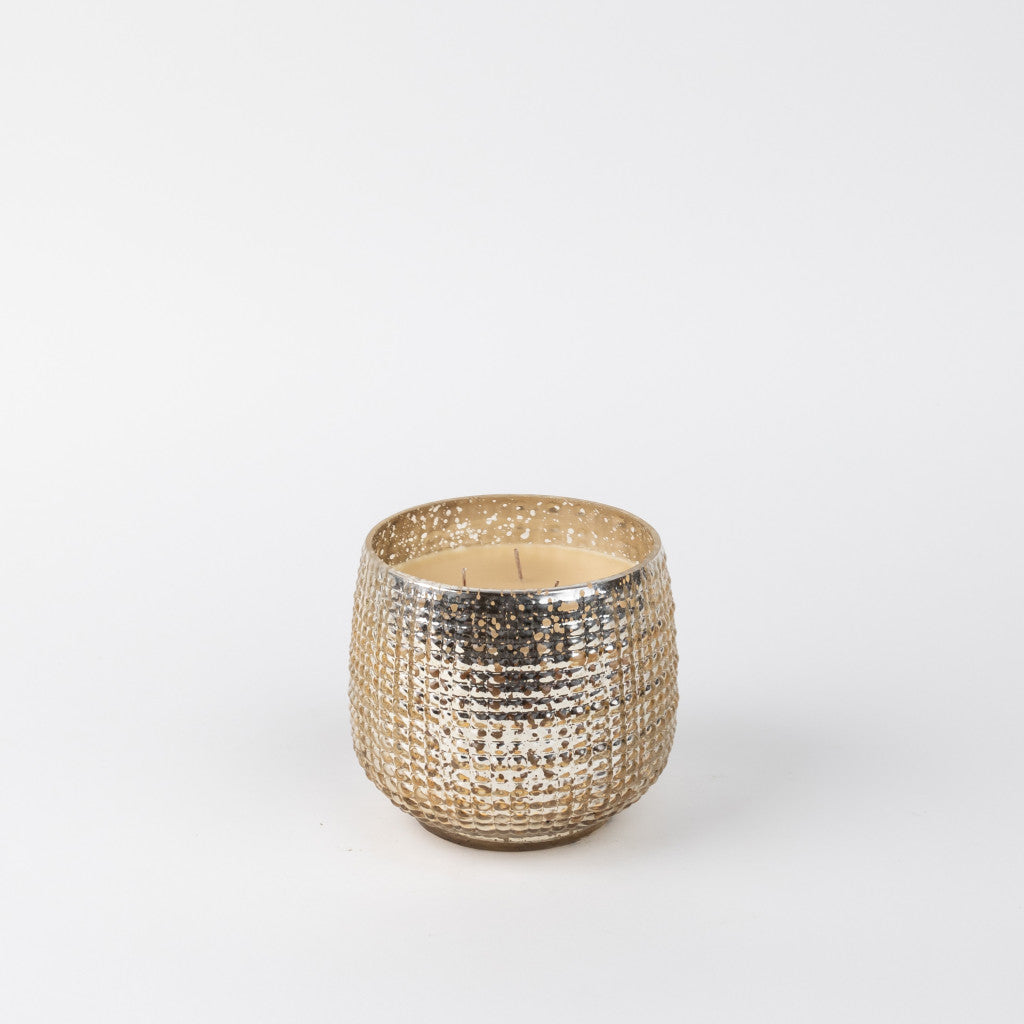 The Bridgewater Candle Company Sweet Grace Collection Candle #051 features a decorative, textured metallic holder in gold and silver with soy-blend wax, shown against a plain white background.
