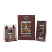 The Bridgewater Candle Autumn Gold Flameless Bundle includes a small room spray, fall foliage sachet, and soy-blend wax bar in brown packaging with autumn-themed labels, creating a cozy seasonal fragrance experience.