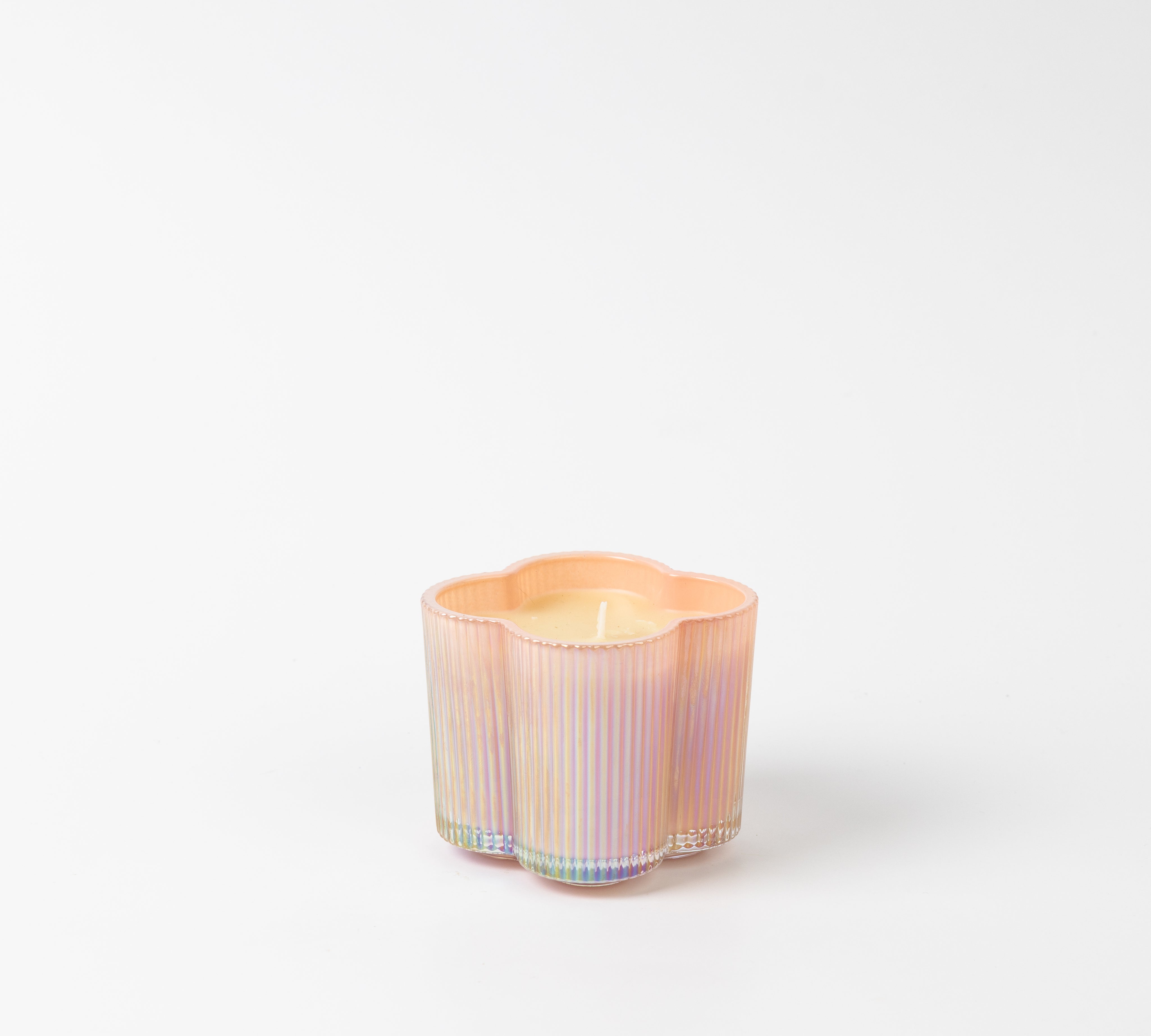 The Bridgewater Candle Sweet Grace Collection Candle #075 features a pastel iridescent glass holder with scalloped edges and vertical ridges, filled with cream-colored soy-blend wax, set against a plain white background.