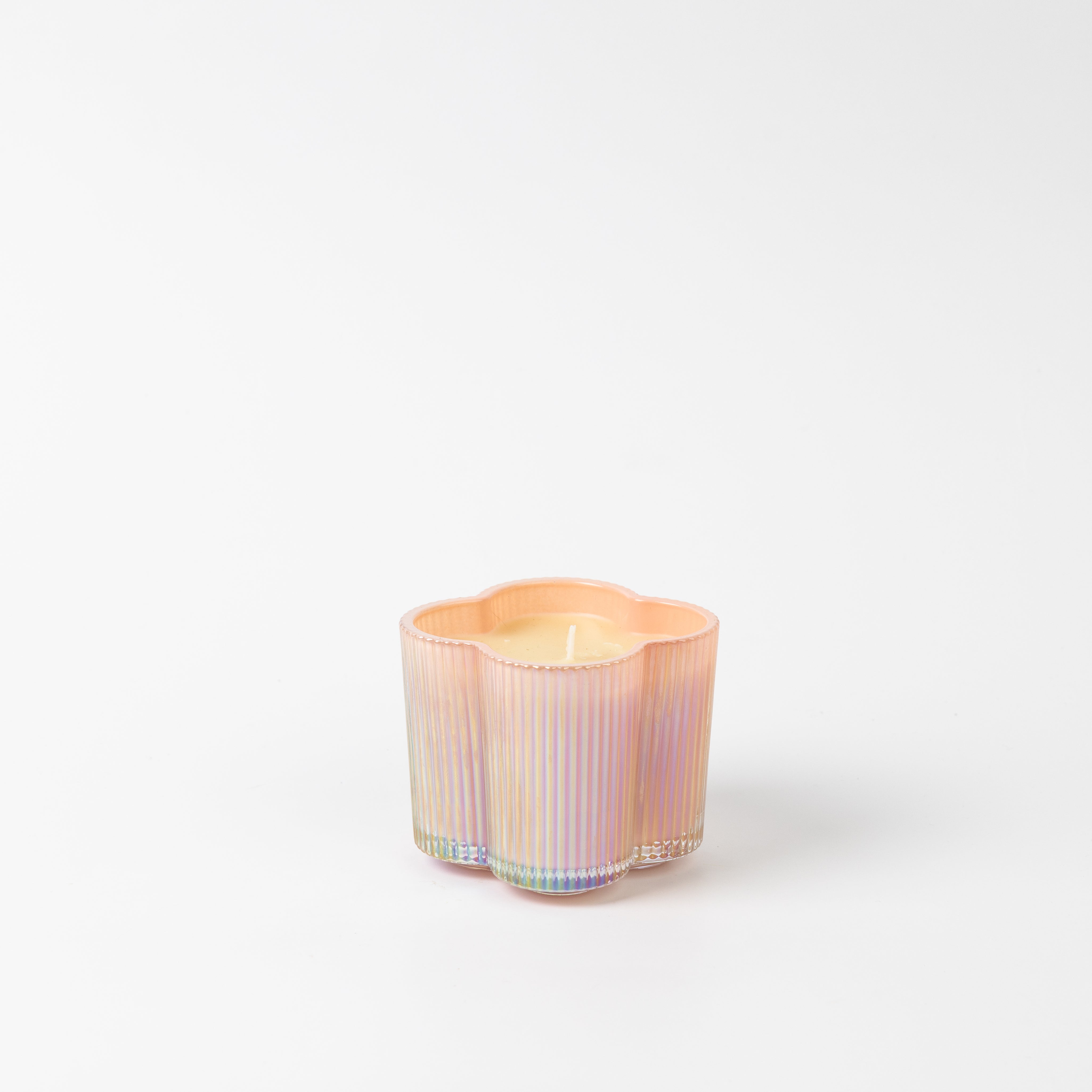 The Bridgewater Candle Sweet Grace Collection Candle #075 features a pastel iridescent glass holder with scalloped edges and vertical ridges, filled with cream-colored soy-blend wax, set against a plain white background.