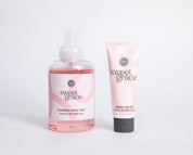 The Sweet Grace Foam & Pamper Bundle, featuring foaming hand soap and a matching hand cream, is displayed side by side on a white background.