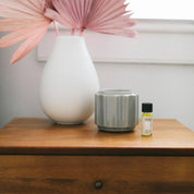 A white vase with pink dried palm leaves, a gray ceramic container, and a Fast Bundle Sweet Grace Home Fragrance Oil 3 Pack Bundle sit on a wooden table against a white wall.
