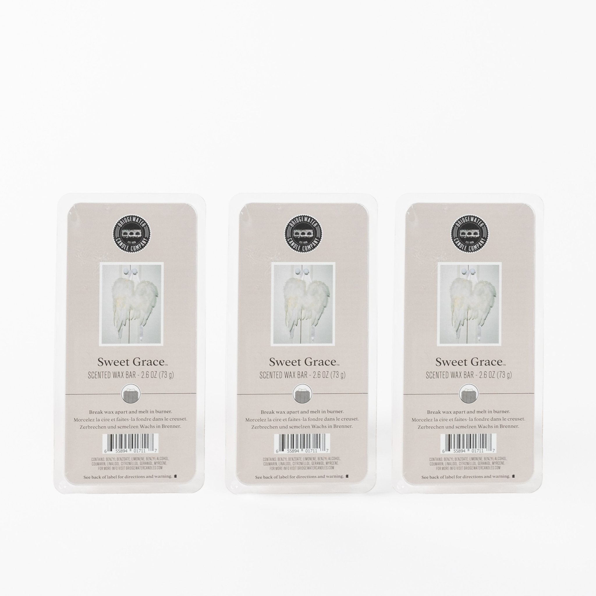 Sweet Grace Wax Bar 3 Pack Bundle, featuring soy-blend wax for flameless fragrance, are displayed against a white background with angel wings and product details on each label.