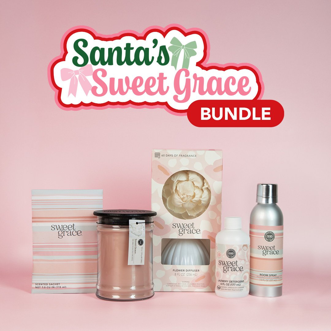 Santa's Sweet Grace Bundle by Fast Bundle features a striped candle box, large jar candle, flower diffuser box, refill bottle, and room spray—perfect for holiday gifting—all set against a pink background with a festive logo above.