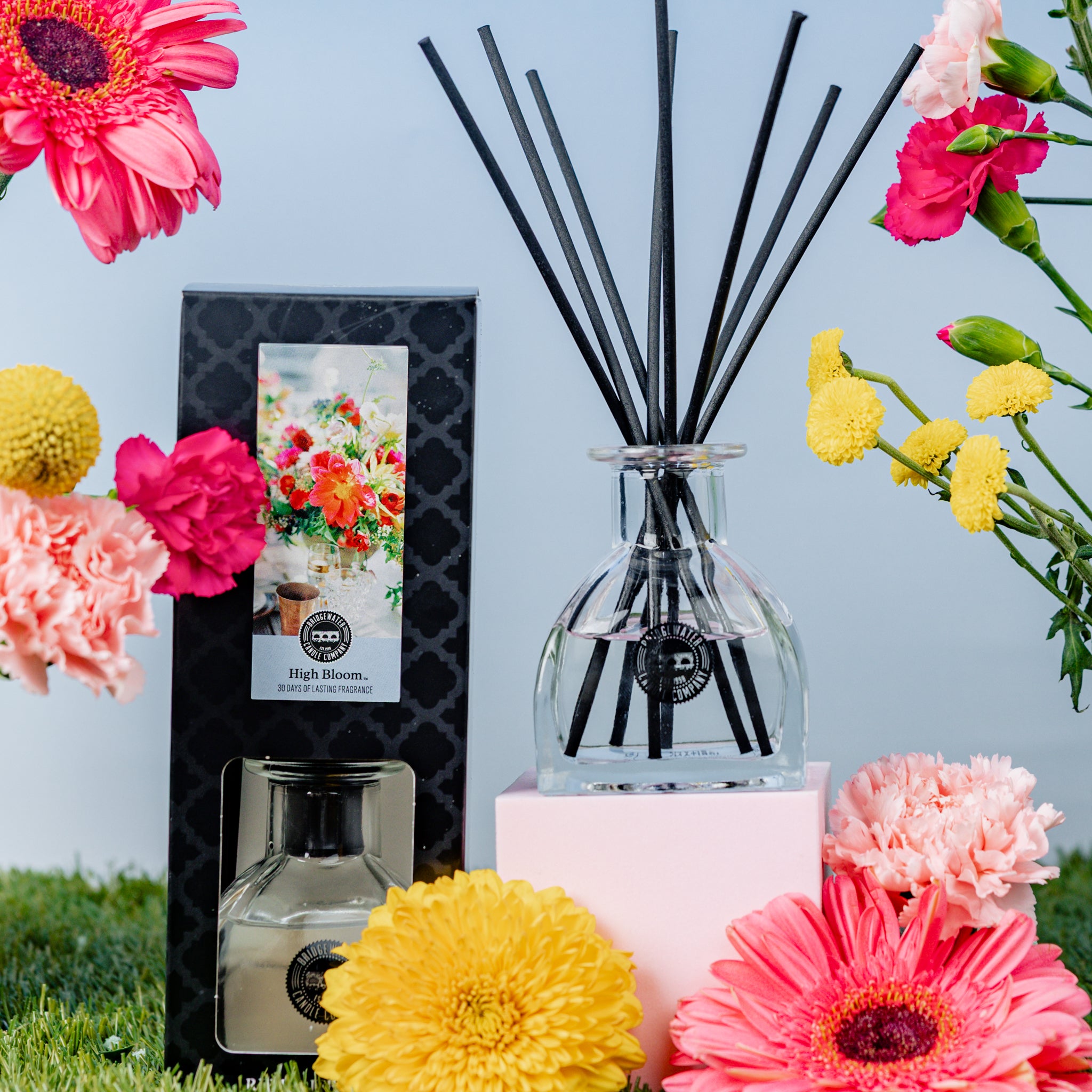 The Bridgewater Candle High Bloom Reed Diffuser with black sticks stands beside its box among vivid pink, yellow, and orange flowers on green grass, bringing premium fragrance and style to your home against a light blue background.