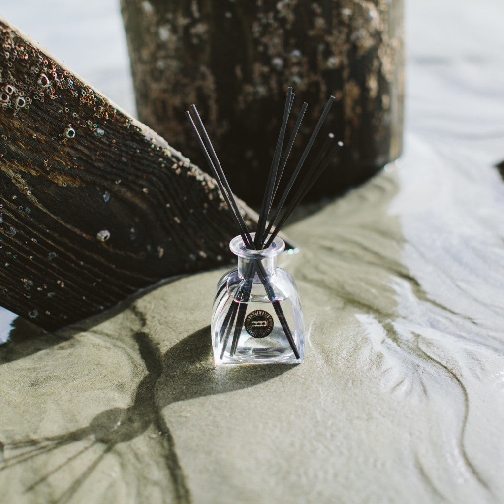 A Nantucket Coast Reed Diffuser with black fiber reeds rests on wet sand beside barnacle-clad posts, sunlight reflecting on water and sand, capturing the fresh coastal scent of the fragrance.