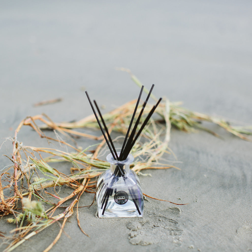 The Nantucket Coast Reed Diffuser with black fiber reeds rests on sandy ground beside dried grass and twigs, set against a blurred grayish backdrop that evokes a fresh, coastal outdoor vibe.