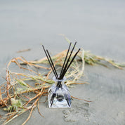 The Nantucket Coast Reed Diffuser with black fiber reeds rests on sandy ground beside dried grass and twigs, set against a blurred grayish backdrop that evokes a fresh, coastal outdoor vibe.