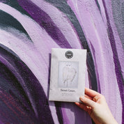 A hand holds a Bridgewater Candle Company Sweet Grace Sachet with angel wings on the packaging, set against a purple and black abstract painted wall.