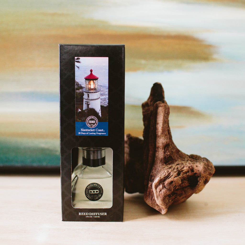 A Nantucket Coast Reed Diffuser in its box sits on a wooden surface next to driftwood, with fiber reeds and a blurred painting of water and sky in the background.